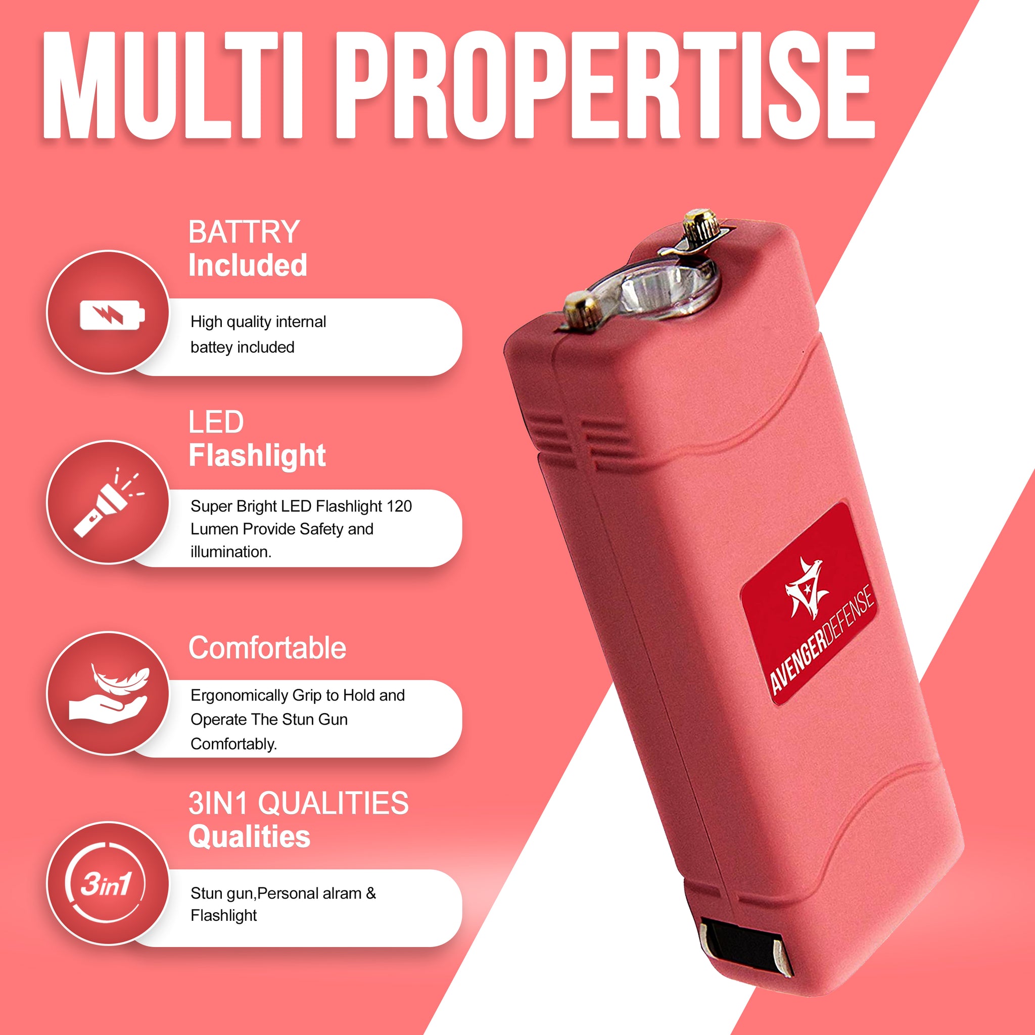 Avenger Defense ADS-50B - Micro Stun Gun Flashlight - Rechargeable 1.25 µC Charge Powerful Self Defense - Ultra Compact Design with Built in Plug, Blue, Pink