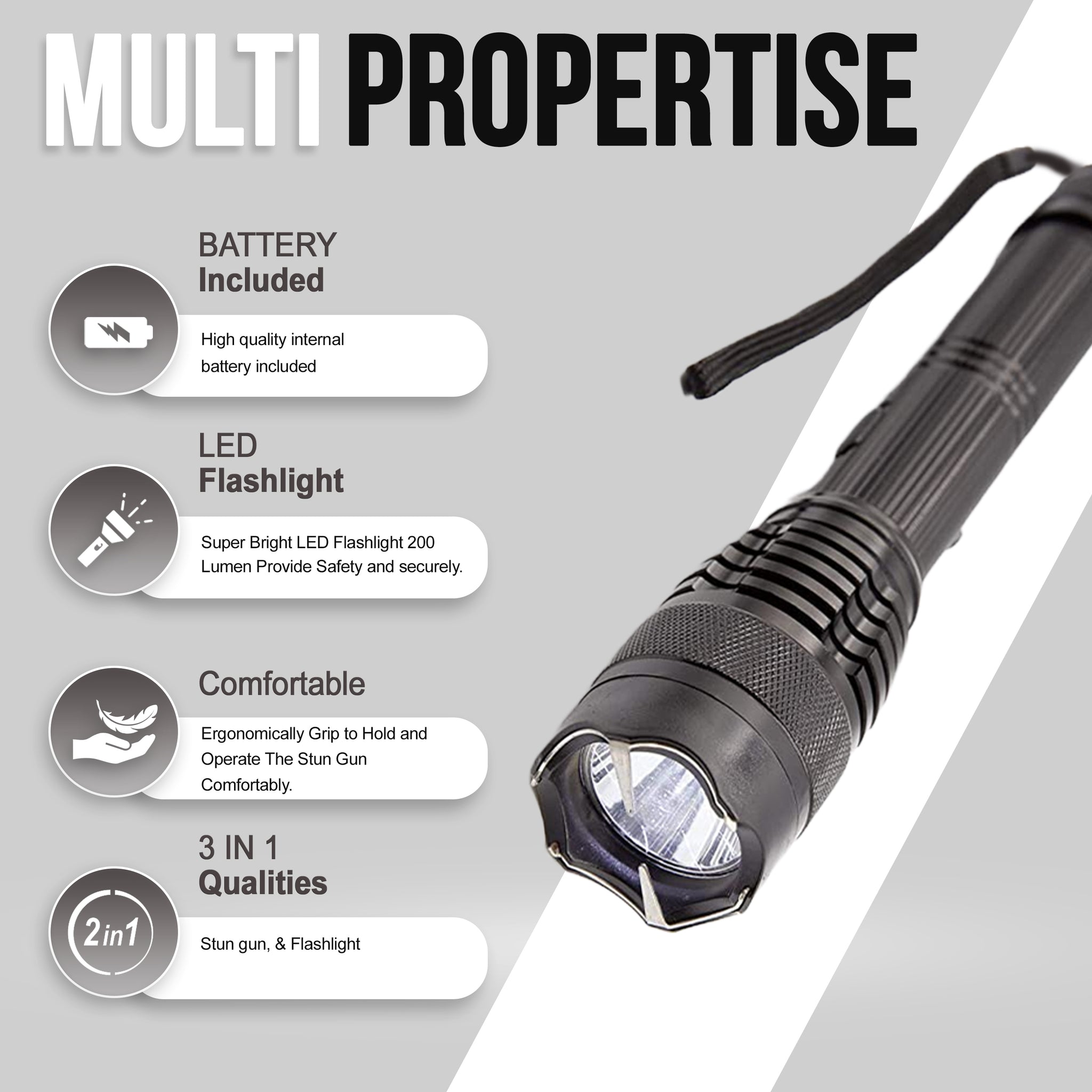 Avenger Defense ADS-90 - Heavy Duty Stun Gun - Rechargeable with Bright LED Tactical Flashlight - Extremely powerful 2.0 µC Electric Discharge - Exclusive 9.5