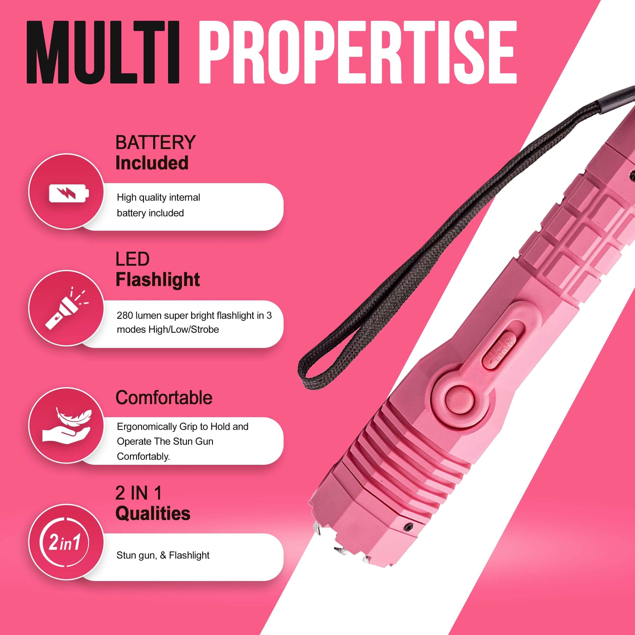 Heavy Duty Stun Gun - Tactical Flashlight Rechargeable with 280 Lumen LED . Extremely powerful 1.4uC - Black