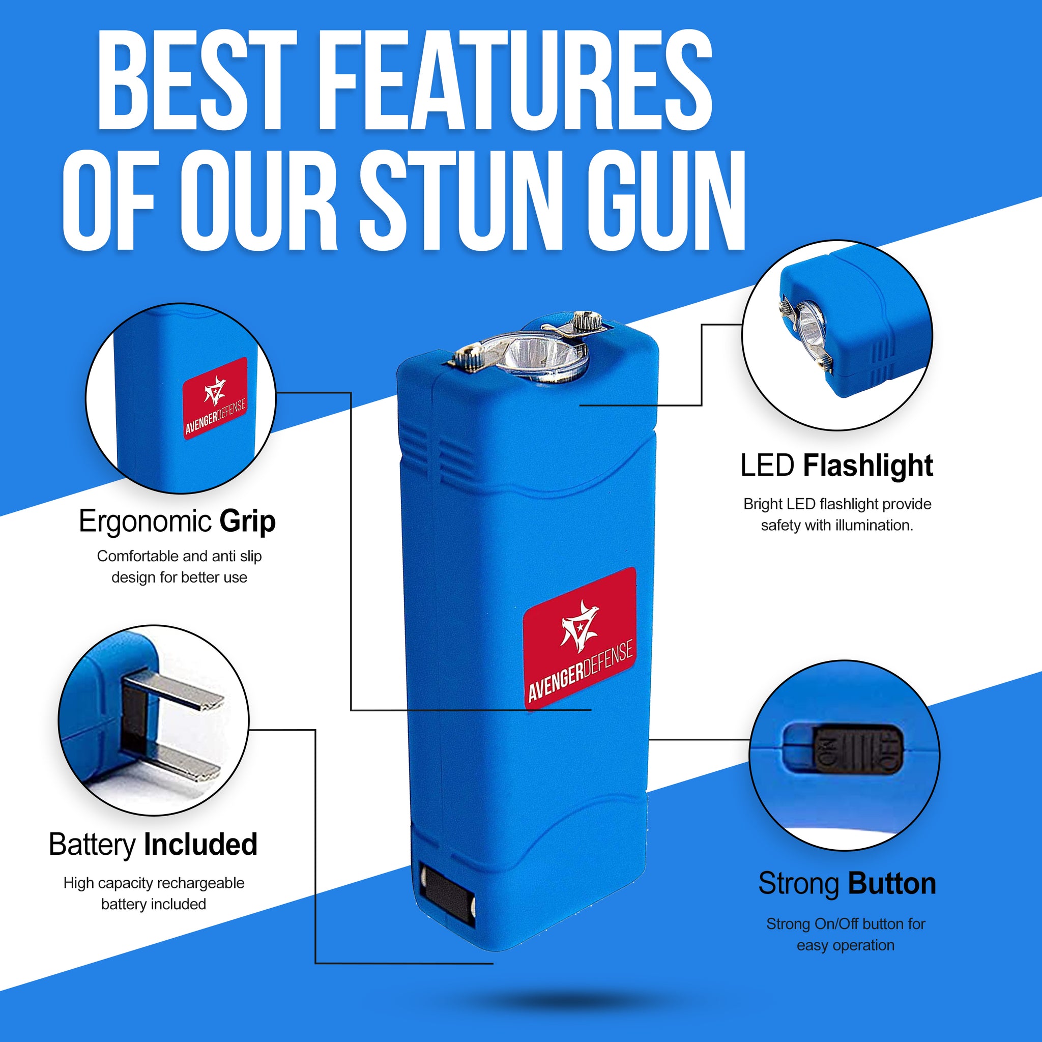 Avenger Defense ADS-50B - Micro Stun Gun Flashlight - Rechargeable 1.25 µC Charge Powerful Self Defense - Ultra Compact Design with Built in Plug, Blue, Pink