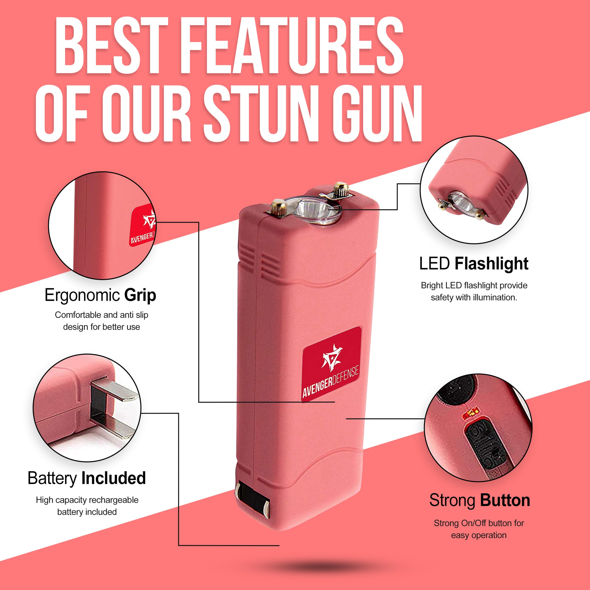 Avenger Defense ADS-50B - Micro Stun Gun Flashlight - Rechargeable 1.25 µC Charge Powerful Self Defense - Ultra Compact Design with Built in Plug, Blue, Pink