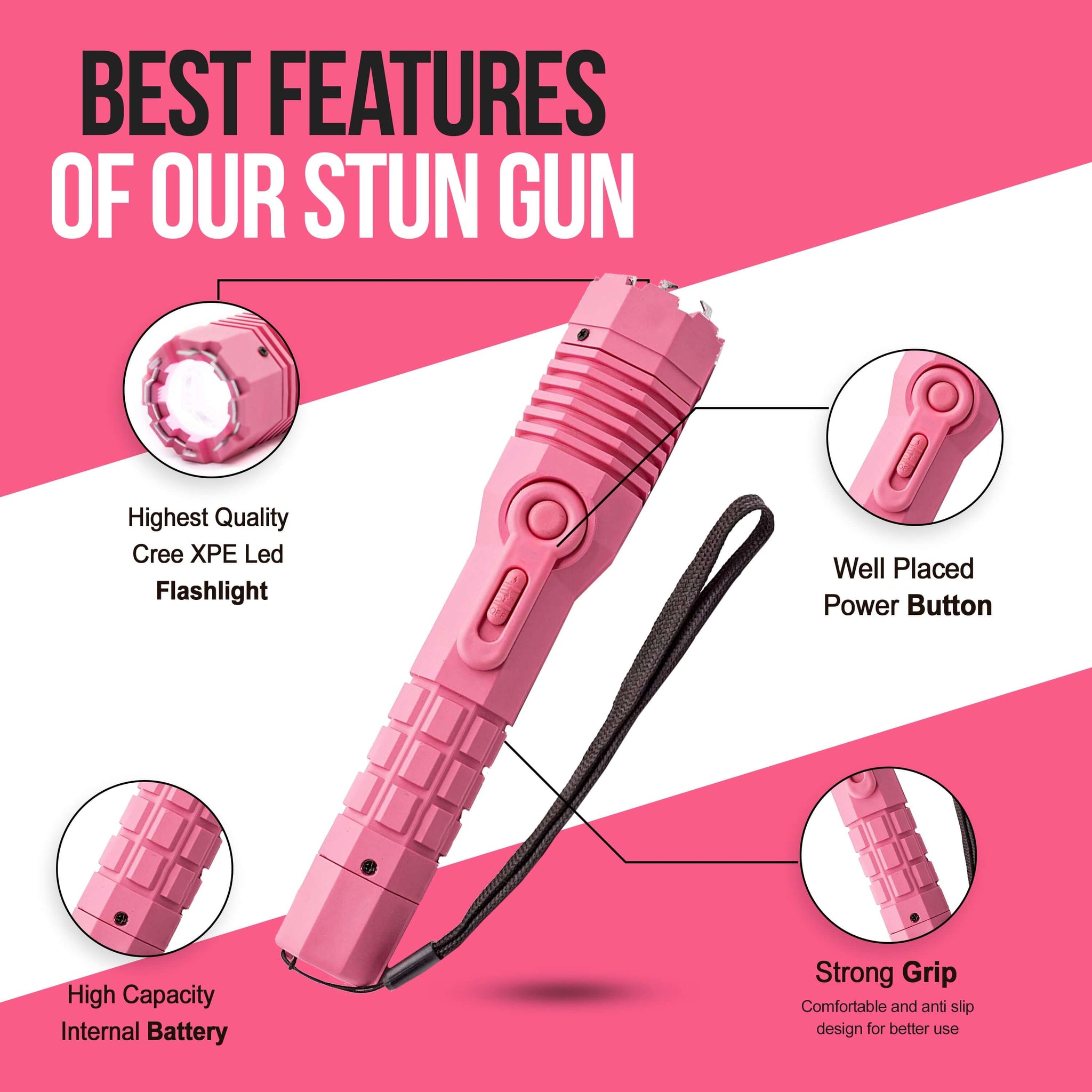 Avenger Defense ADS-20P - Heavy Duty Stun Gun - Tactical Flashlight Rechargeable with 280 Lumen LED . Extremely powerful 1.4uC - Pink,Black