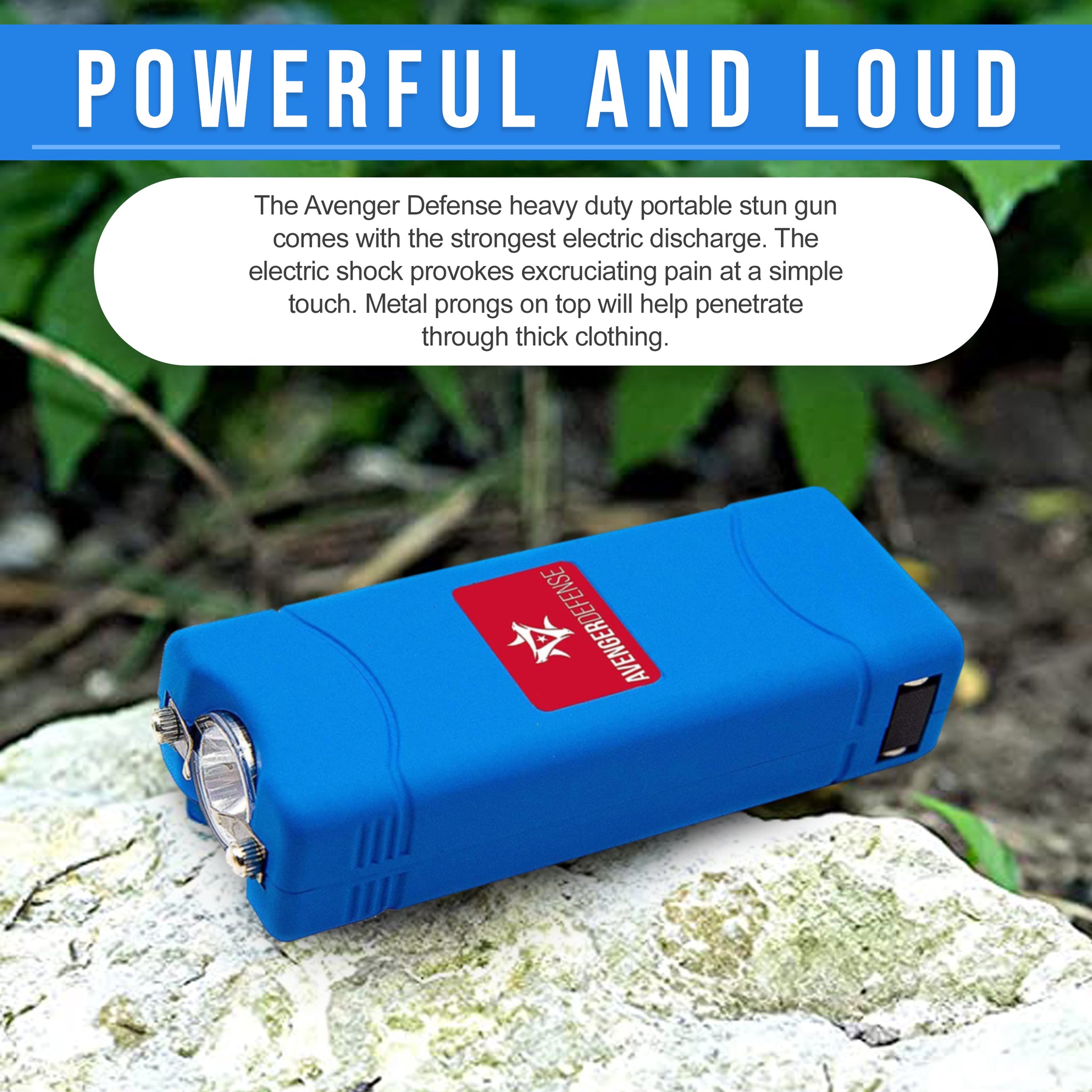 Avenger Defense ADS-50B - Micro Stun Gun Flashlight - Rechargeable 1.25 µC Charge Powerful Self Defense - Ultra Compact Design with Built in Plug, Blue, Pink