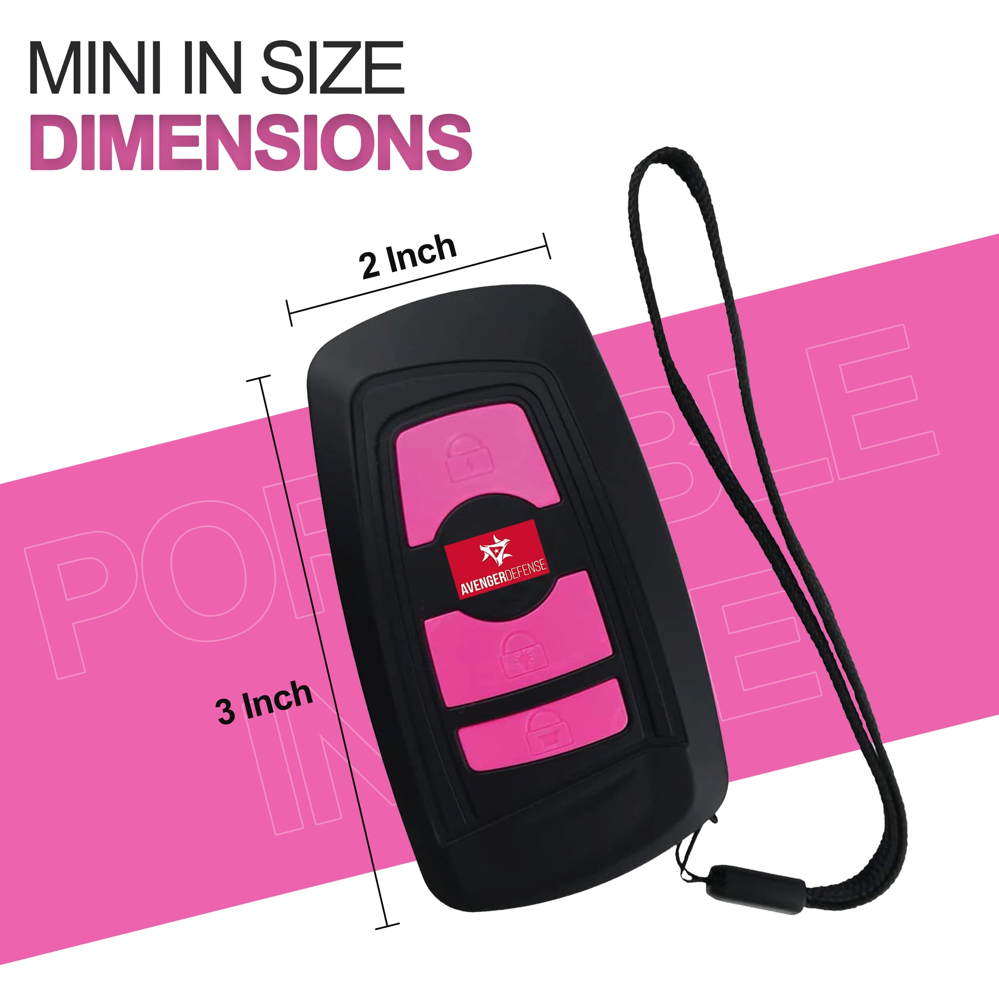 Avenger Defense ADS-70B - Mini Stun Gun Key fob Design with Security Alarm – Rechargeable 1.2 µC Charge Powerful Self Defense – LED Flashlight and Wrist Strap - Black, Pink