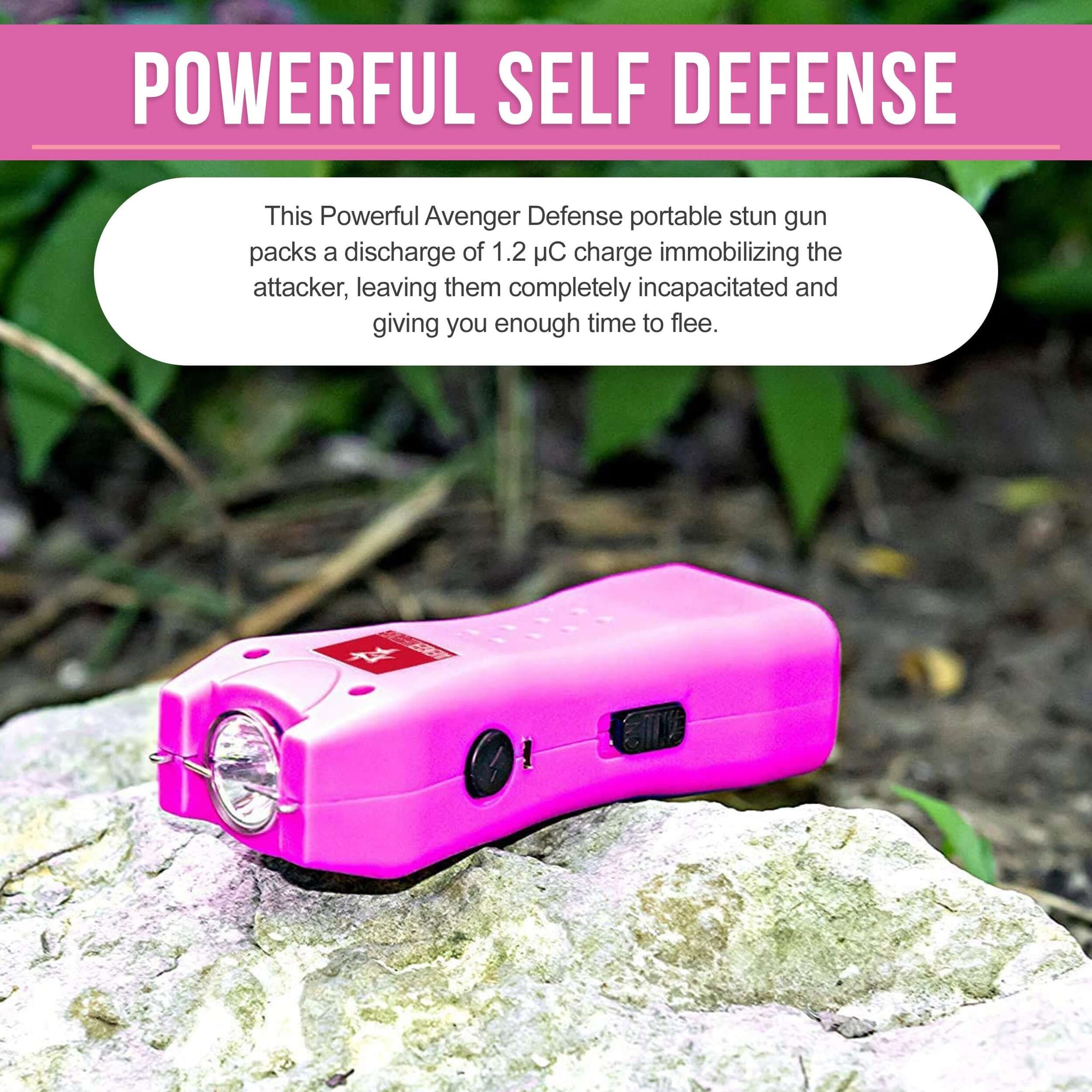 Avenger Defense ADS-25B – Stun Gun for Women – Powerful Self Defense – LED High Lumen Rechargeable Flashlight - Blue, Pink