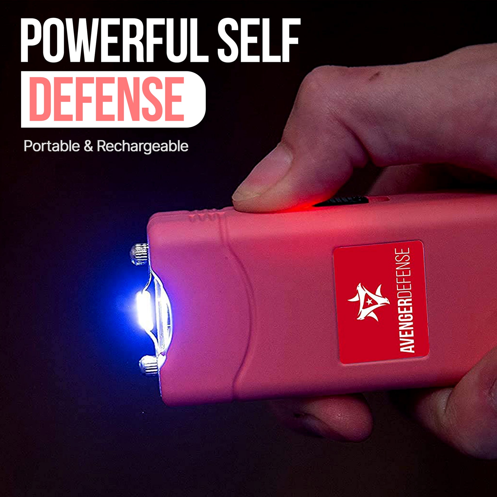 Avenger Defense ADS-50P - Micro Stun Gun Flashlight - Rechargeable 1.25 µC Charge Powerful Self Defense - Ultra Compact Design with Built in Plug, Pink, Blue