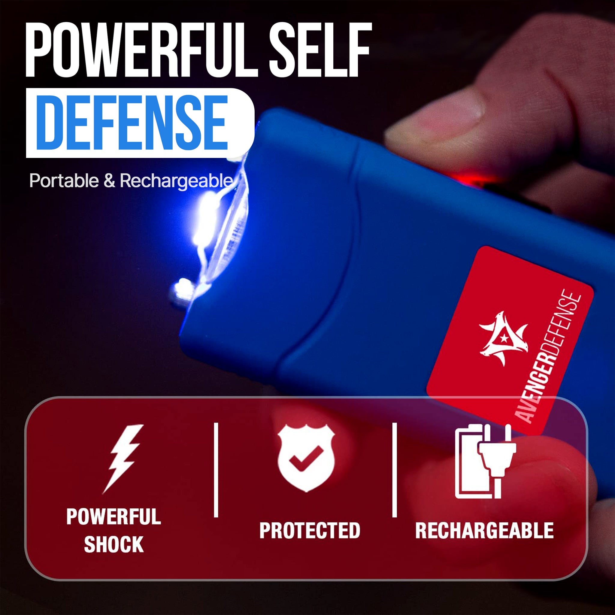 Avenger Defense ADS-50B - Micro Stun Gun Flashlight - Rechargeable 1.25 µC Charge Powerful Self Defense - Ultra Compact Design with Built in Plug, Blue, Pink
